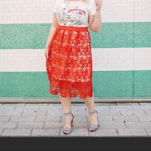 Maison Jules Eyelet lace cutout red lined Midi Skirt